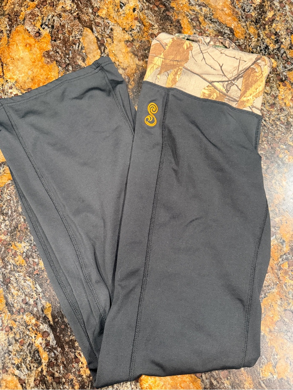 Camouflage Waist Black Leggings with Gold Logo